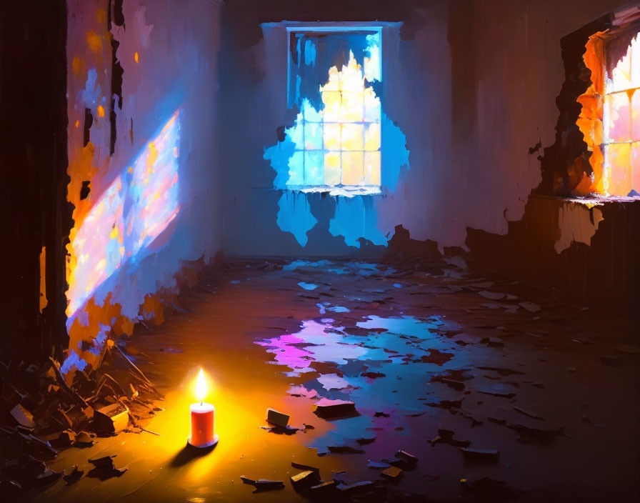 Colorful decaying room with lit candle and stained glass window