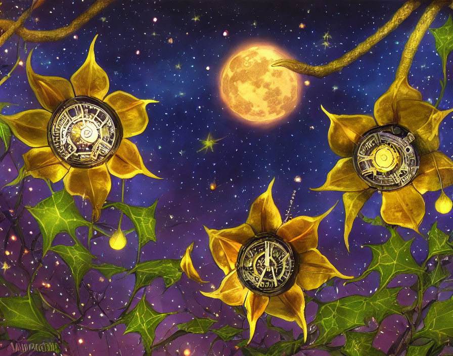 Clock-faced sunflowers under starry night sky with full moon & twining branches.