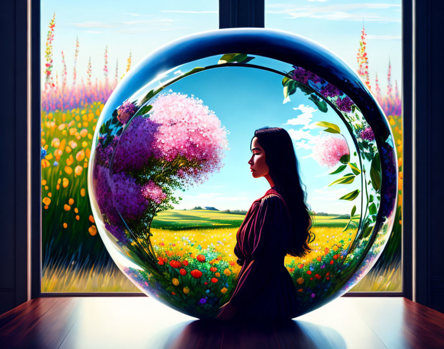 Woman in dark dress beside transparent sphere reflecting colorful landscape and open window view.