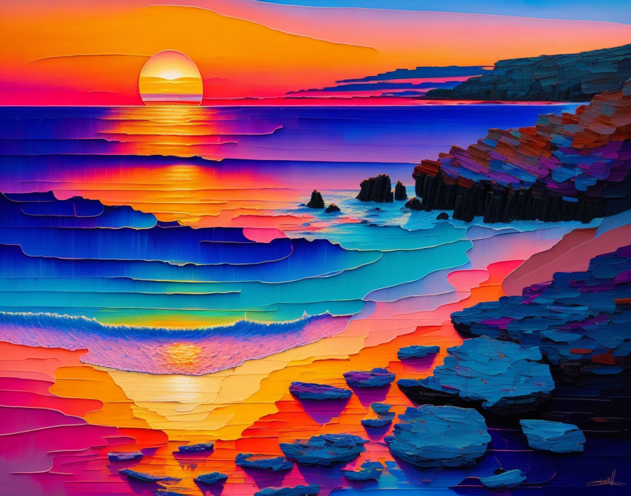 Colorful sunset painting with sea reflection and cliff silhouettes