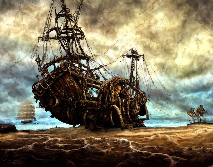 Steampunk-style ship stranded in barren landscape under tumultuous sky