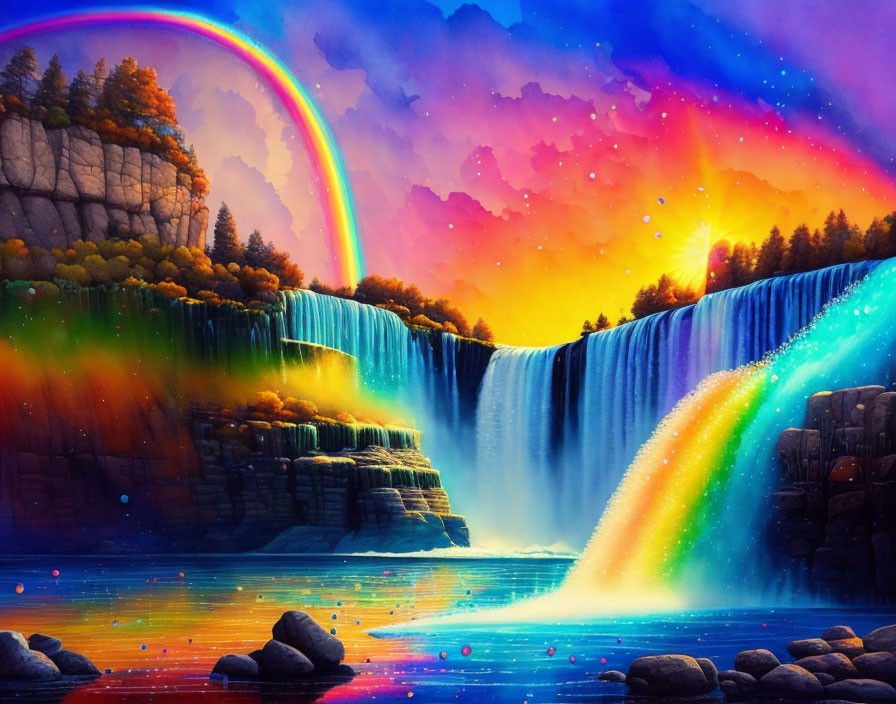 Scenic waterfall with rainbow, sunset sky, colorful trees, and sparkling reflections