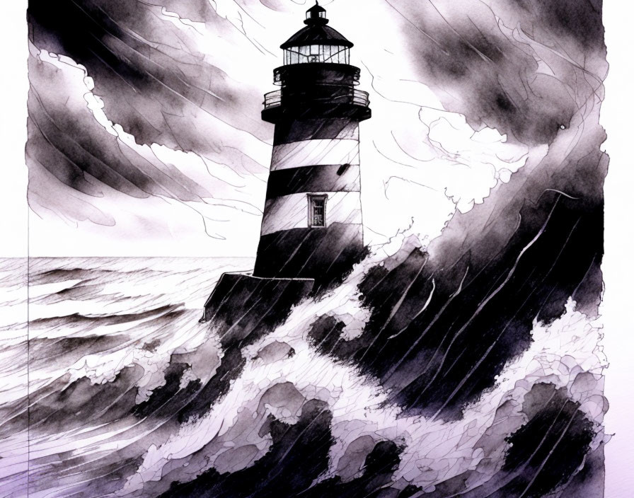 Striped lighthouse in monochrome with stormy skies and crashing waves