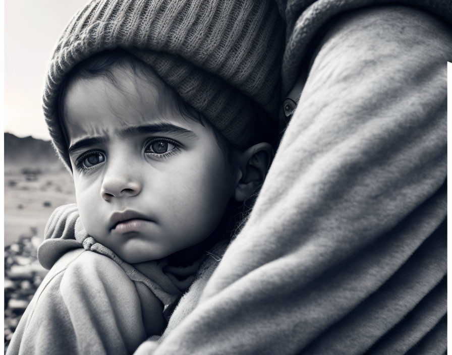 Thoughtful toddler in beanie held by adult, monochrome background