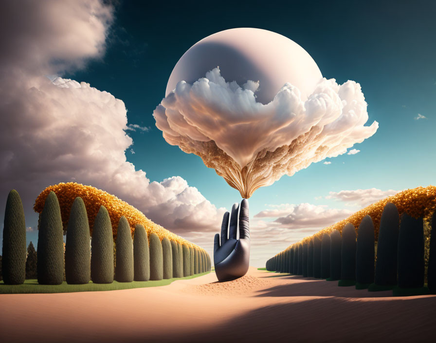 Surreal landscape with giant hand, sphere, and flowering trees under blue sky