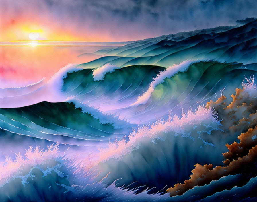 Scenic painting of ocean waves at sunset