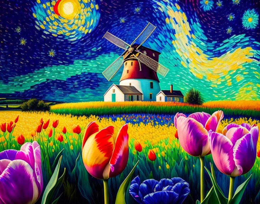 Colorful windmill and tulip fields under swirling starry sky.