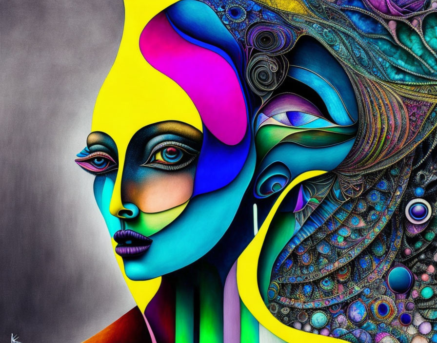 Abstract digital art: vibrant female face with peacock feather motifs