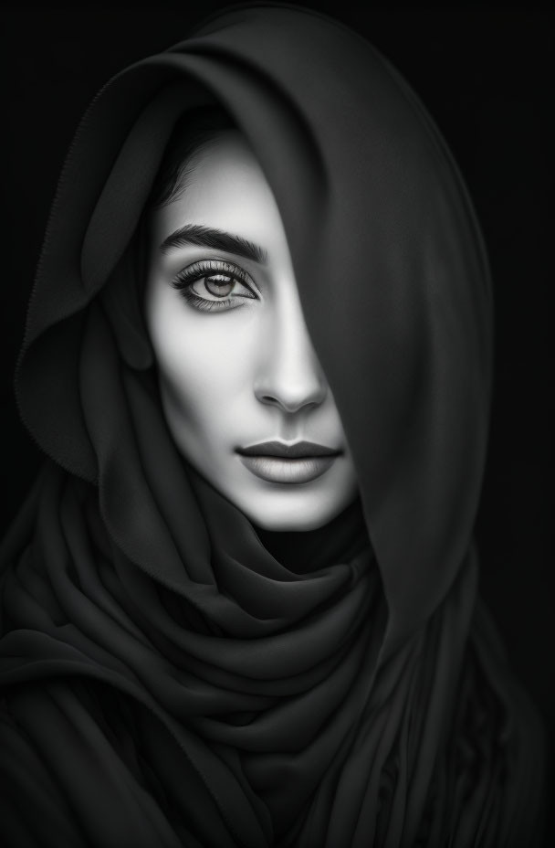 Monochromatic portrait of woman with headscarf and deep gaze