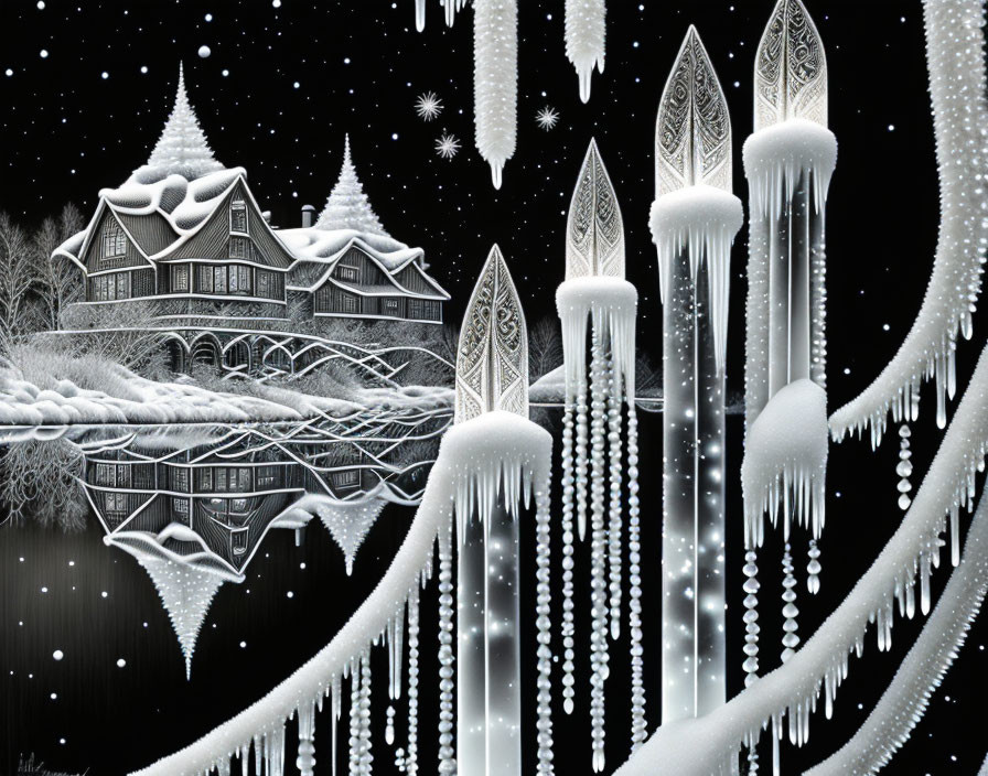 Monochrome snowy landscape with Victorian house, icicles, tree, frozen lake, starry sky