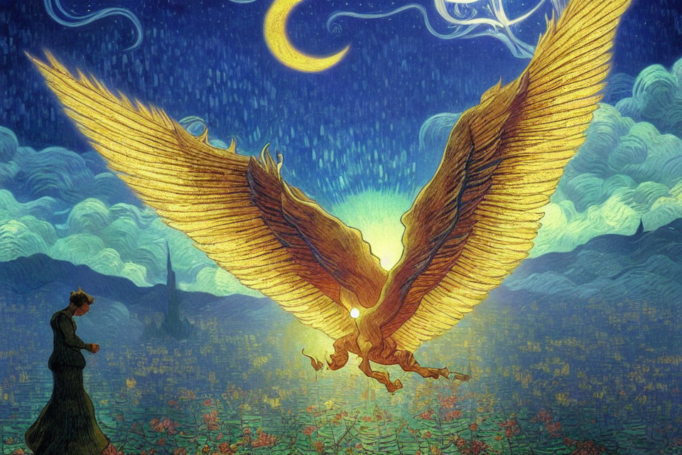 Illustrated eagle soaring over flower field under night sky with cloaked figure.