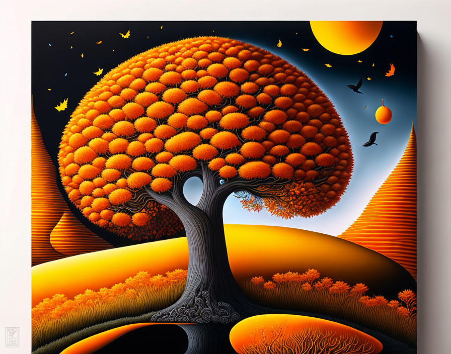 Colorful Tree Artwork with Orange Canopy and Night Sky Landscape