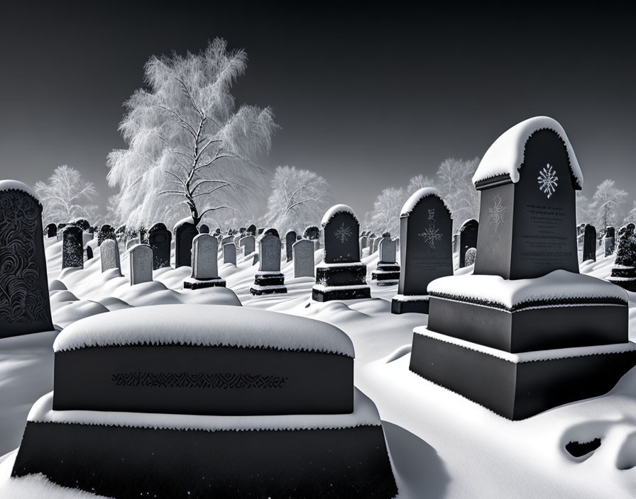 Snow-covered cemetery with tombstones and bare tree in clear sky