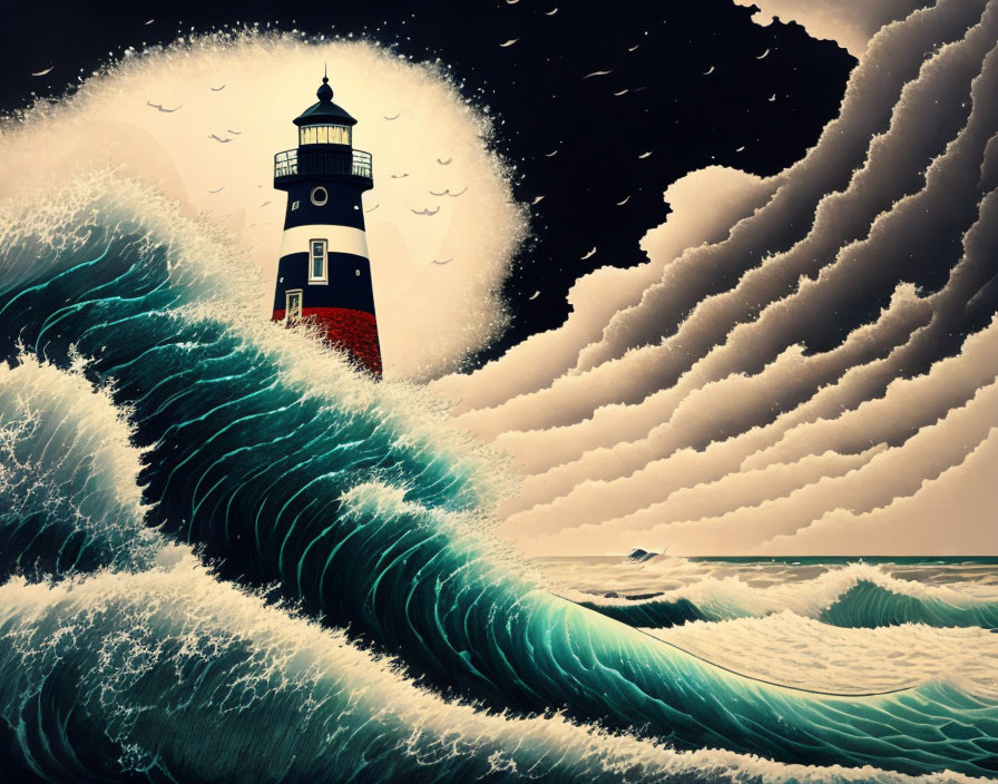 Stylized illustration of lighthouse in stormy seas with birds and dramatic sky