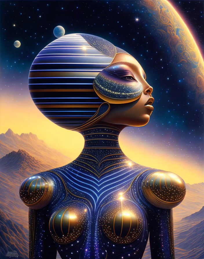 Futuristic female figure with striped headdress against crescent planet and stars