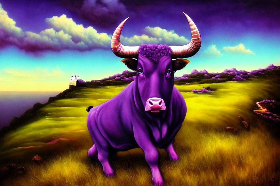 Colorful surreal landscape with vibrant purple bull and dramatic sky