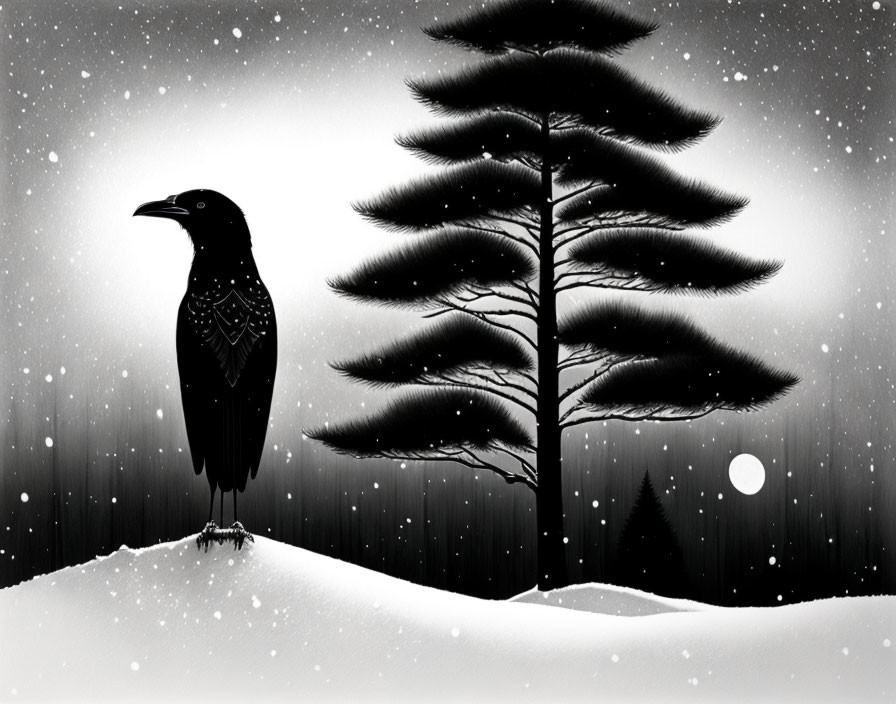 Raven on snowy mound with pine trees and falling snow at night