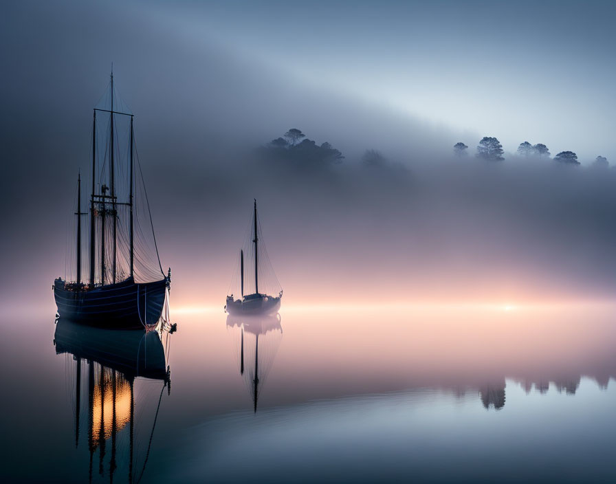 Sailboats on misty lake with warm light and fog-covered trees