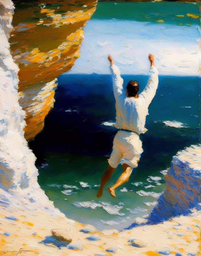 Person in White Clothing on Sandy Cliff Edge Overlooking Sparkling Blue Sea