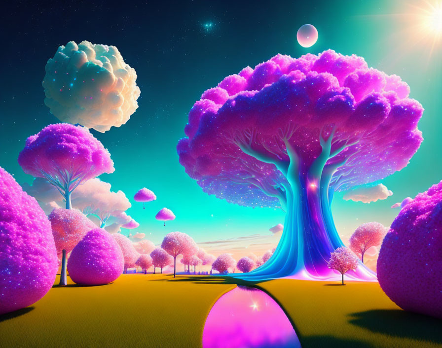 Fantasy landscape with purple and pink trees under starry sky