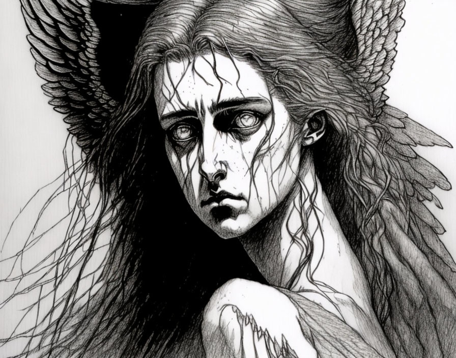 Detailed monochrome drawing of intense angel with cracked features