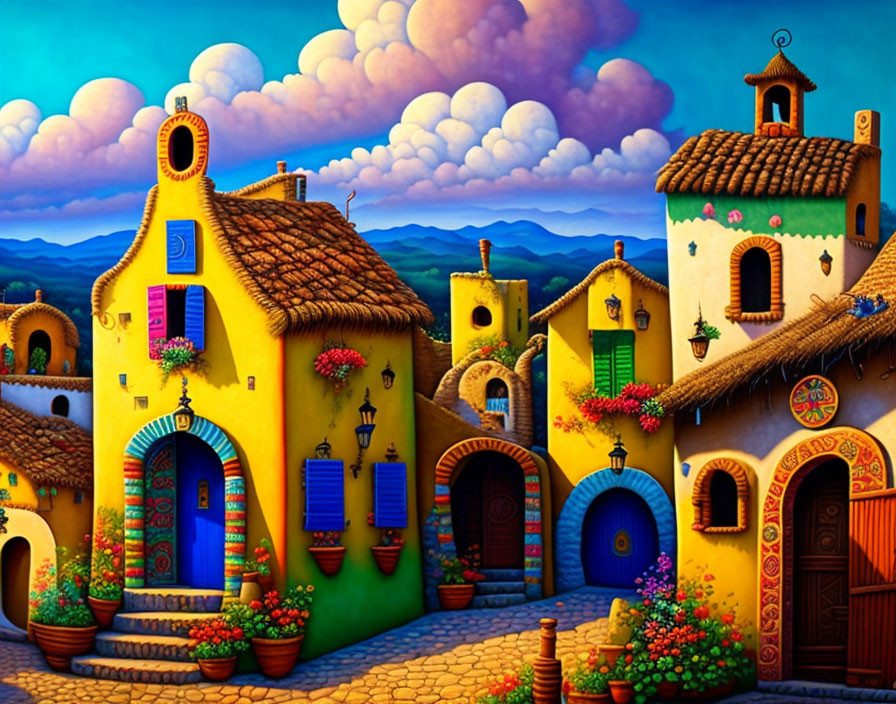 Colorful, stylized village scene with cobblestone paths and whimsical clouds