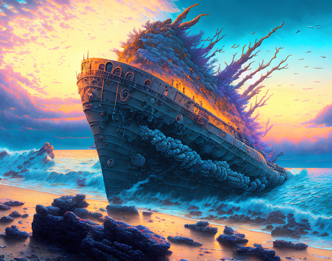 Sunset shipwreck surrounded by coral and marine life on beach.