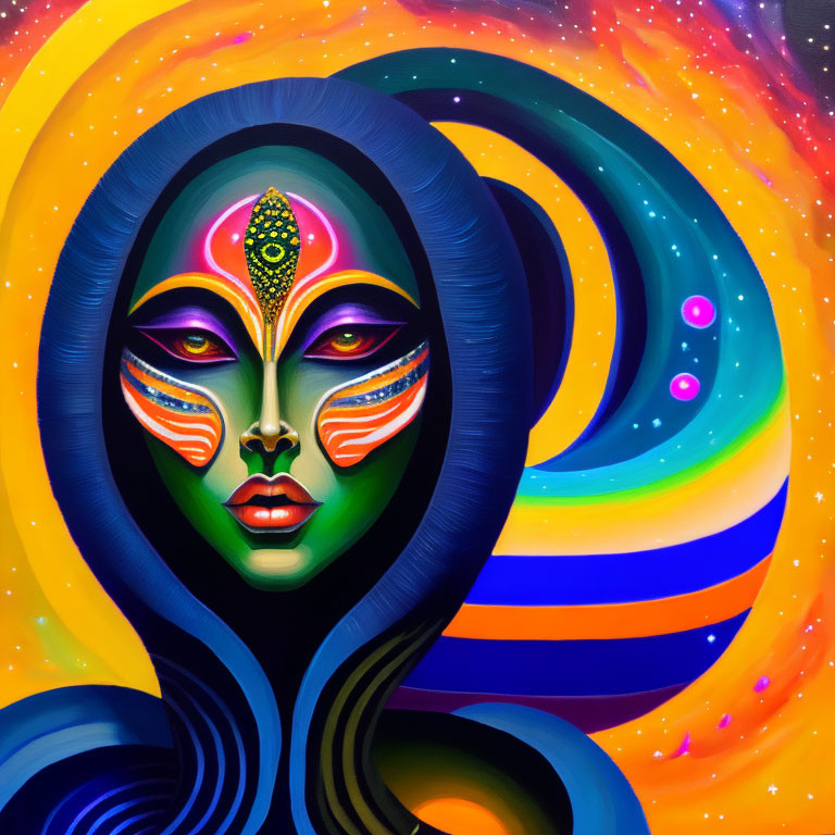 Vibrant cosmic patterns surround stylized woman's face