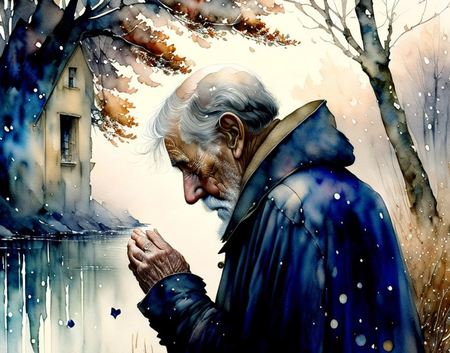 Elderly man in blue jacket standing among autumn trees