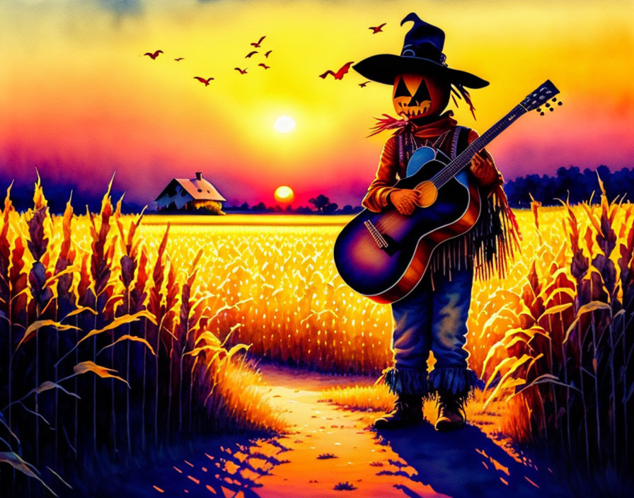 Colorful scarecrow with pumpkin head playing guitar in cornfield at sunset