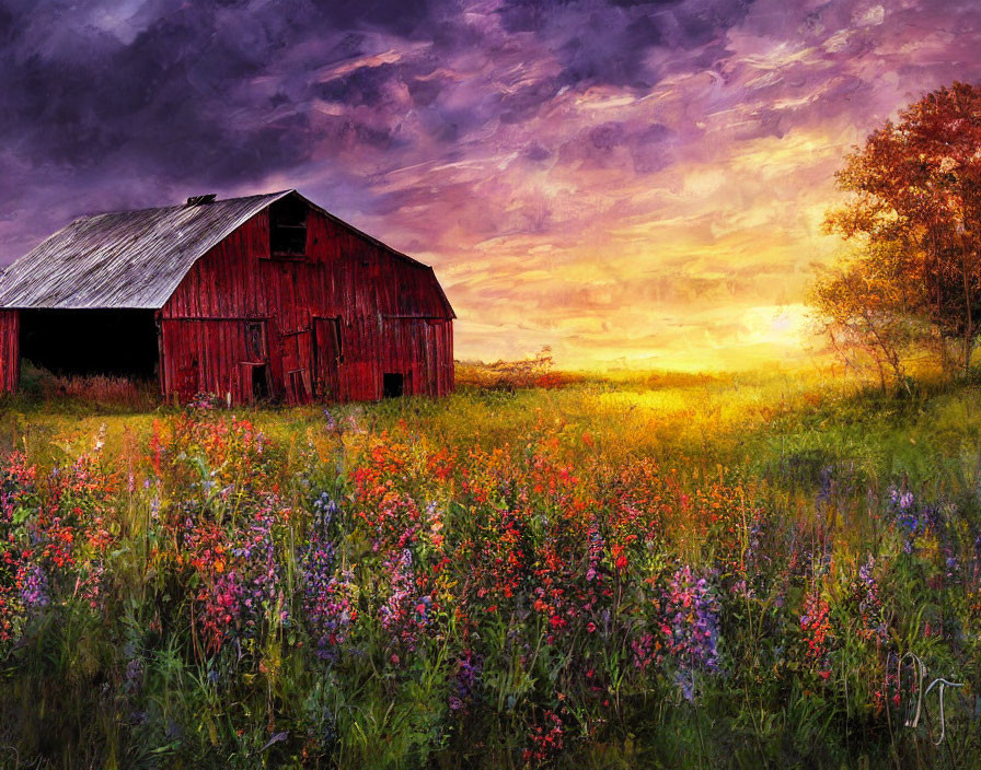 Rustic red barn in vibrant wildflower field at sunset