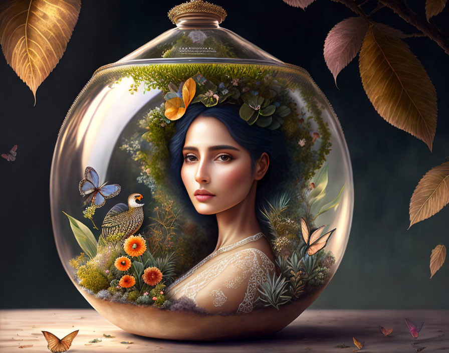 Woman with floral crown in glass terrarium with bird, butterflies, and lush foliage.