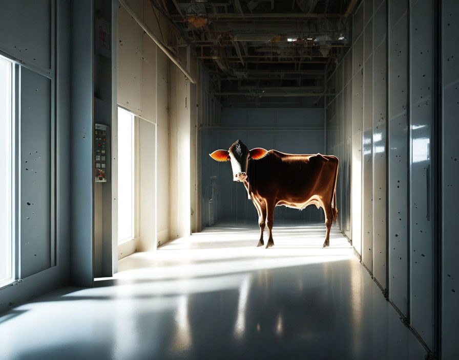 Cow in modern industrial building with sunlight and exposed panels