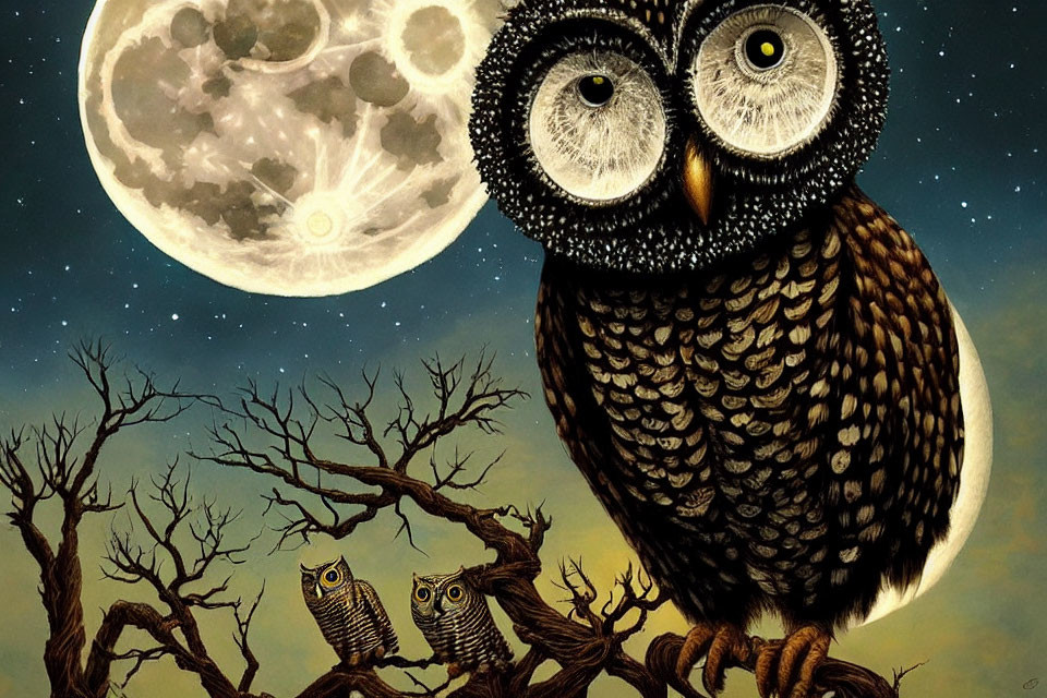 Large Owl with Striking Eyes on Branch, Two Small Owls, Full Moon, Starry Sky