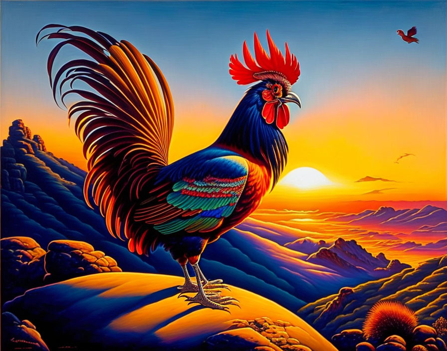 Colorful Rooster on Sunrise Landscape with Flying Bird