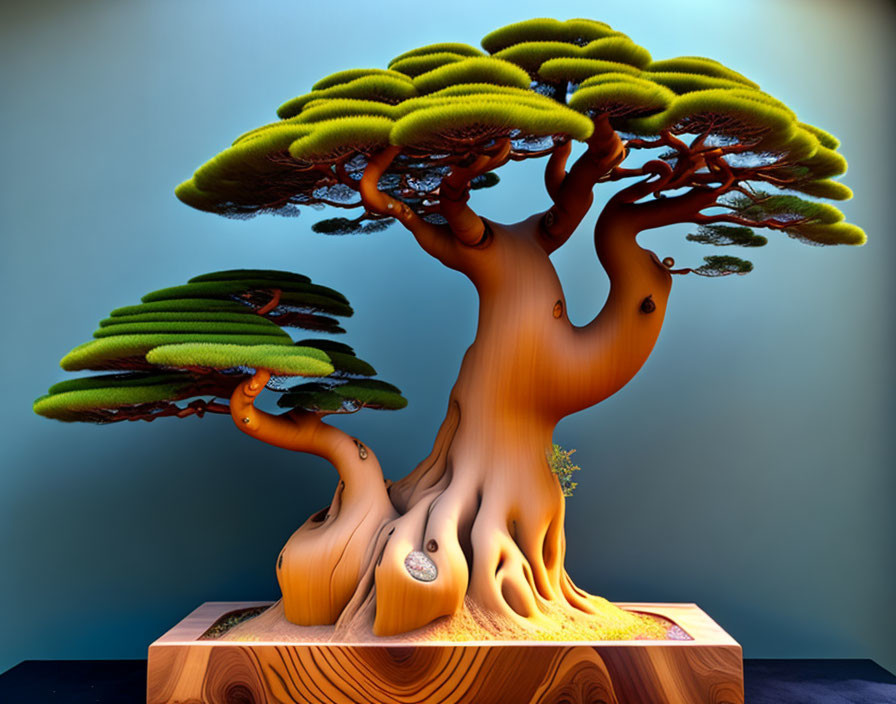 Surreal digital artwork of stylized tree with thick branches and green foliage on wooden base against blue