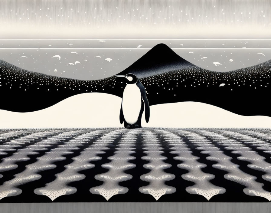 Penguin in surreal black-and-white landscape with starry sky