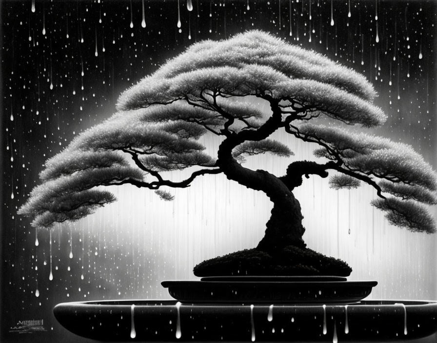 Monochrome artwork: bonsai tree in rainstorm