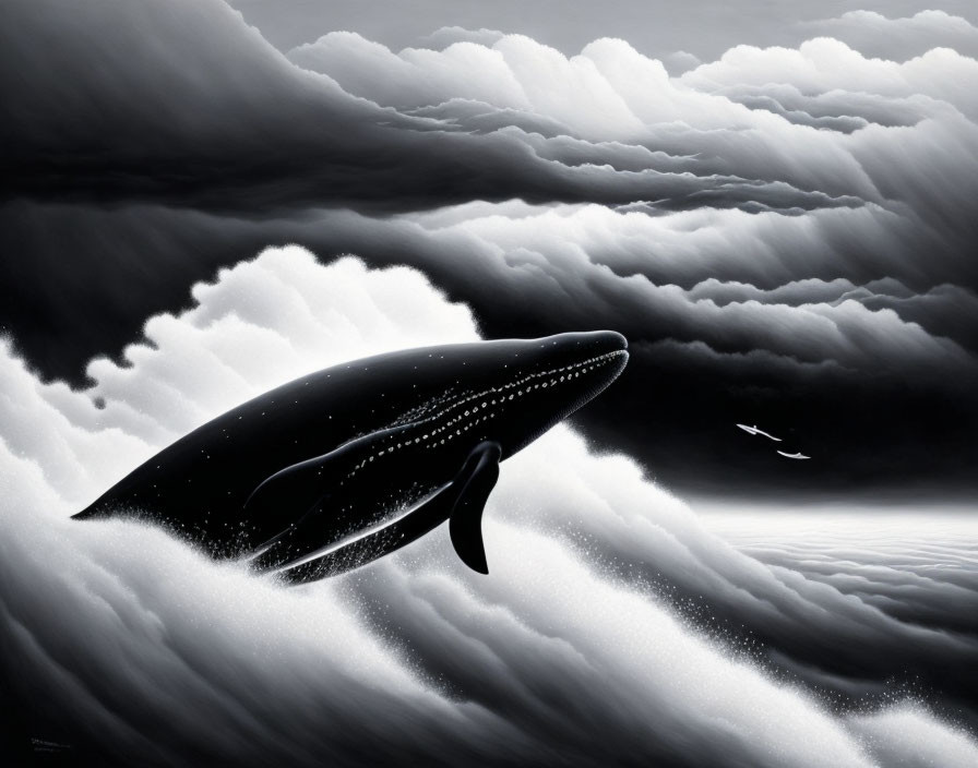 Monochrome painting of a whale, bird, and light in sky