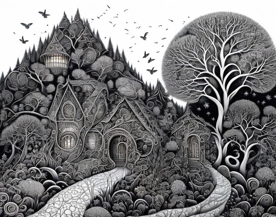 Monochrome fantasy landscape with intricate patterns and whimsical treehouse.