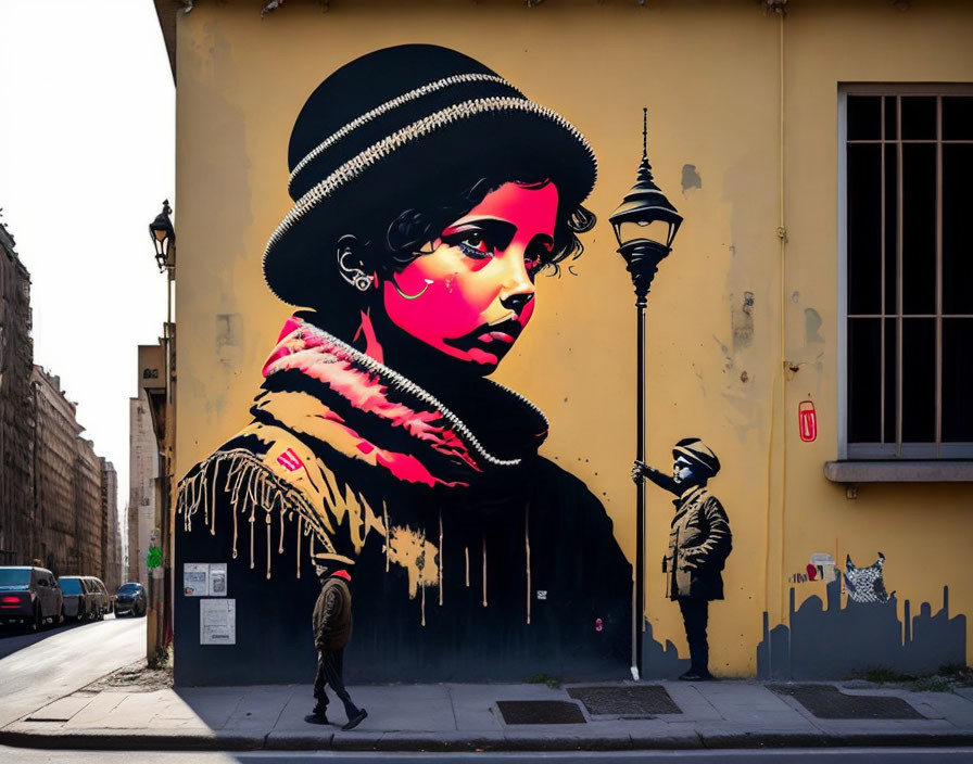 Colorful street art mural of elegant woman's profile observed by passerby