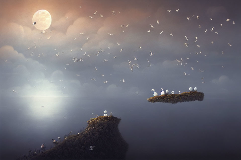 Fantastical dusk landscape with full moon, floating islands, birds, and tranquil water.