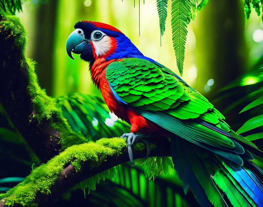 Colorful Parrot Perched on Branch in Tropical Forest