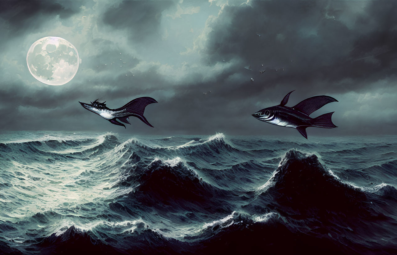 Surreal full moon seascape with winged fish above waves