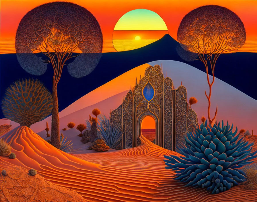 Ornate desert landscape with archways, dunes, and sun