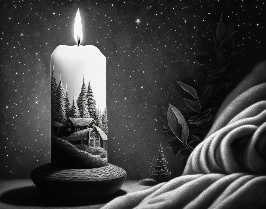 Grayscale candle image with tranquil night scene including pine trees, cabin, stars