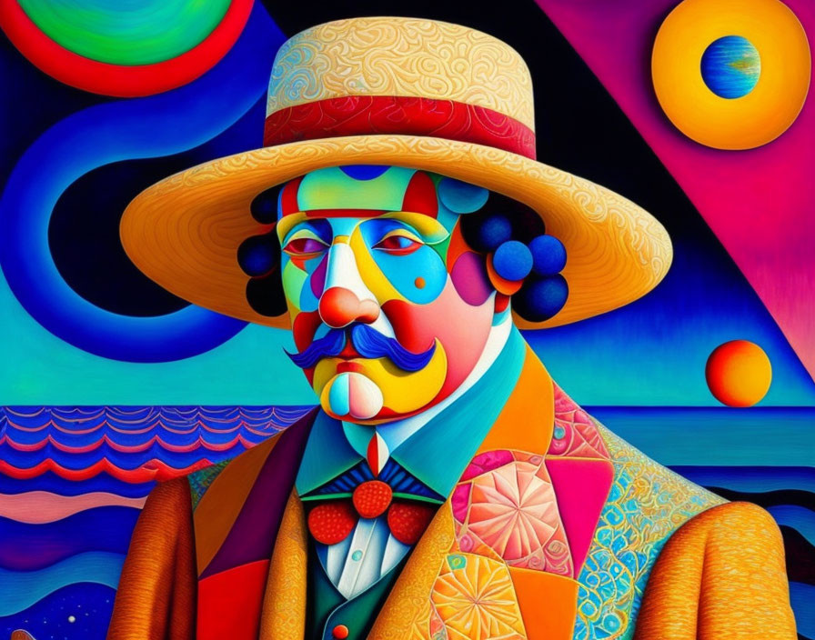 Colorful Clown Painting with Abstract and Surreal Elements