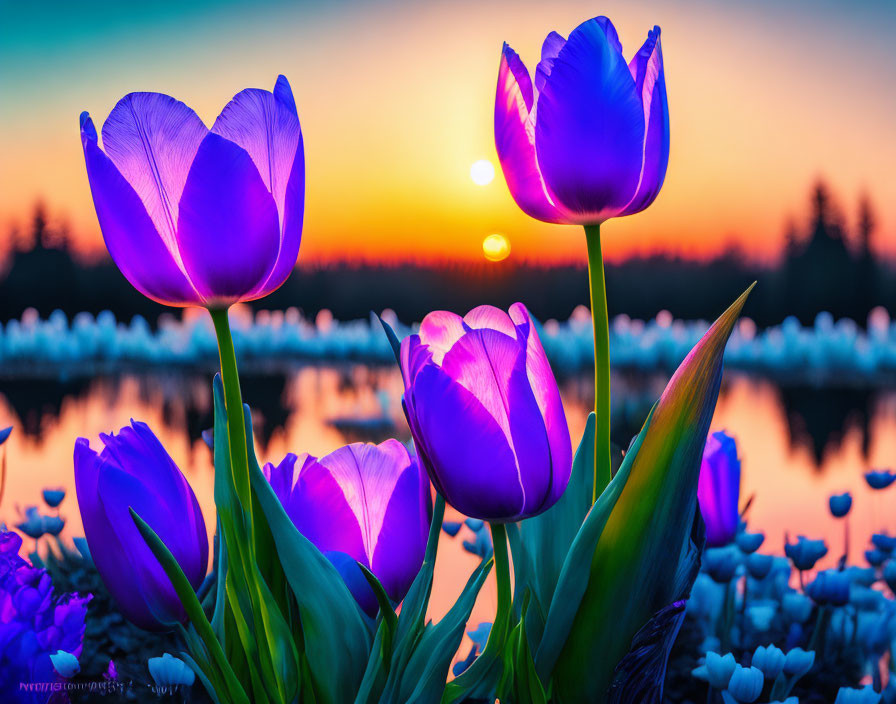 Purple Tulips in Focus Against Sunset Reflections