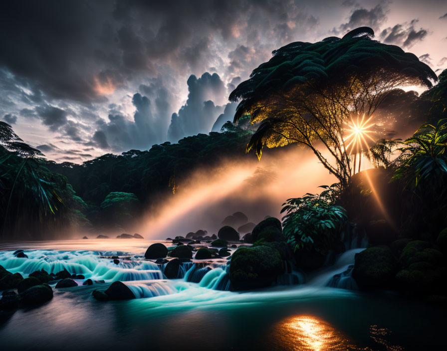 Dramatic jungle sunset with misty river and mossy rocks