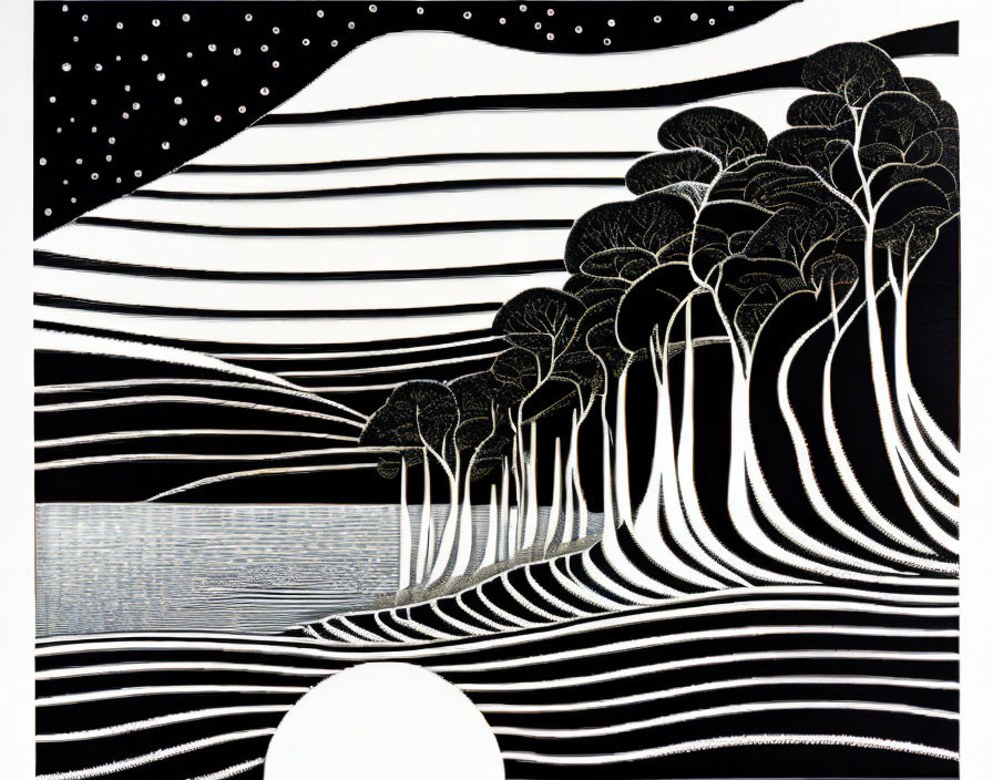 Monochromatic landscape with stylized trees, hills, water, and dotted sky.